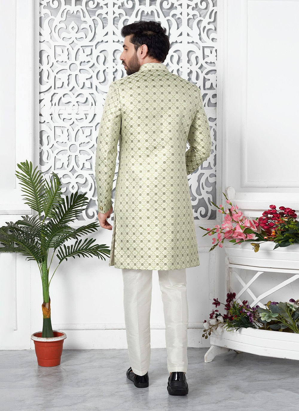 Fancy Work Jacquard Silk Sea Green Indo Western - M6626