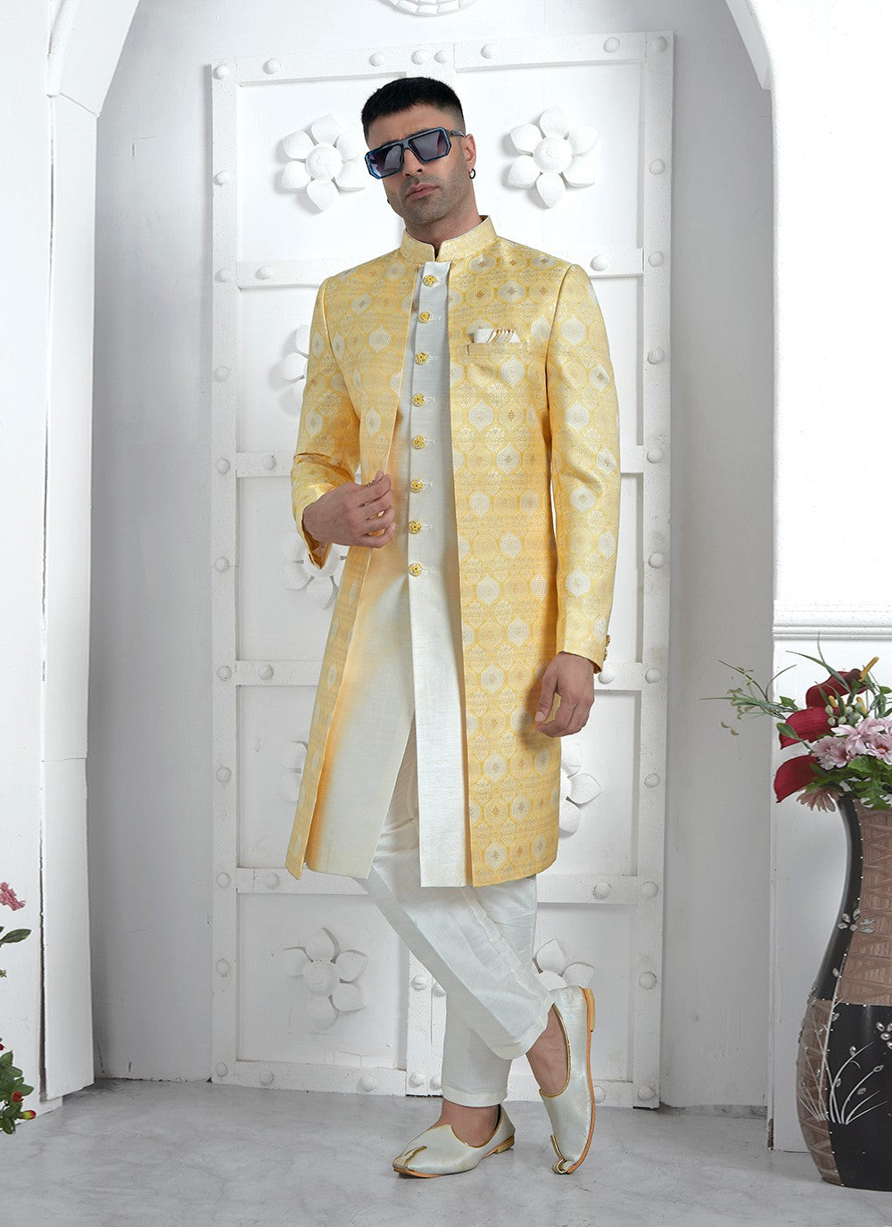 Fancy Work Jacquard Silk Yellow Indo Western - M6608