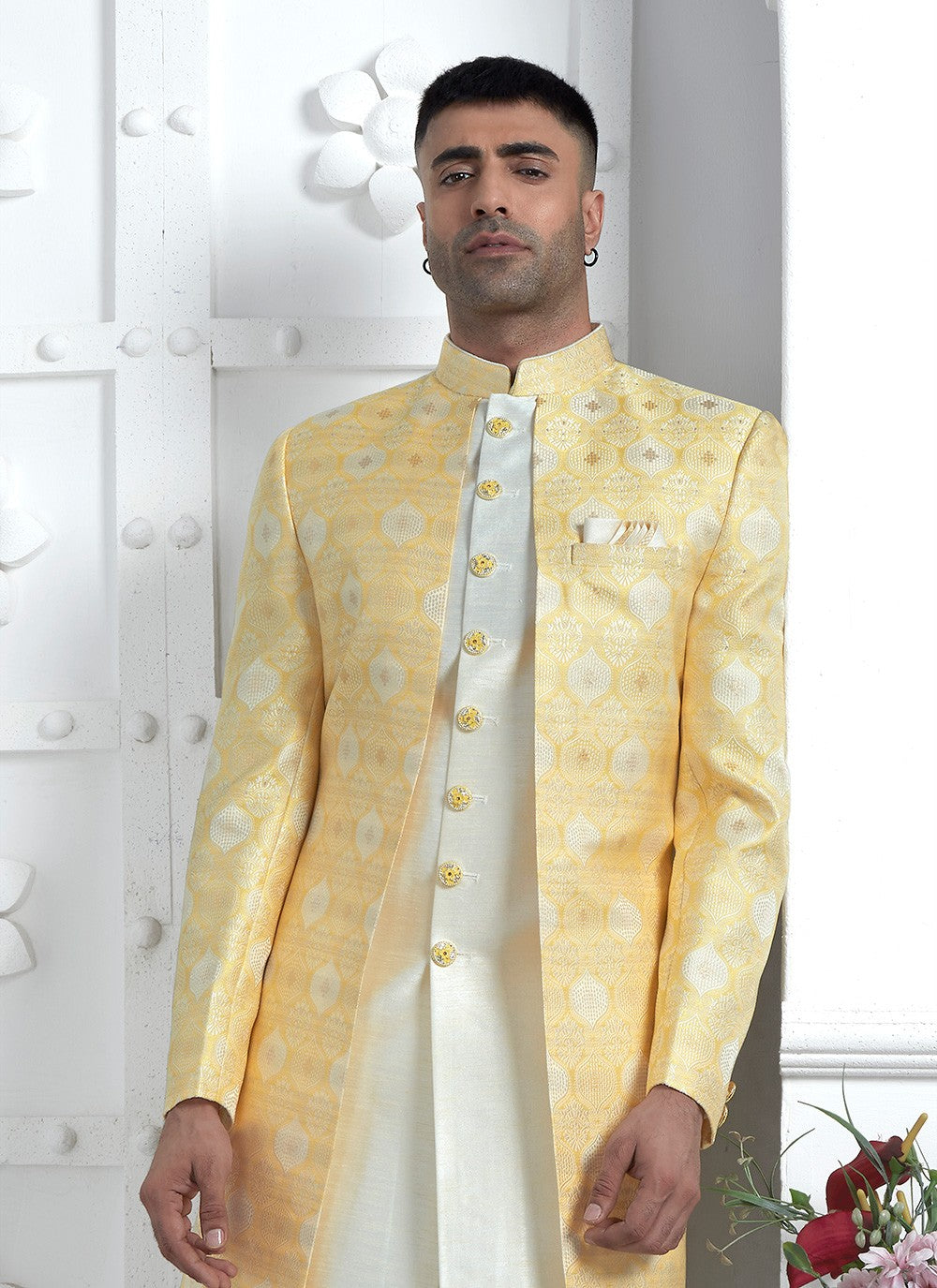 Fancy Work Jacquard Silk Yellow Indo Western - M6608