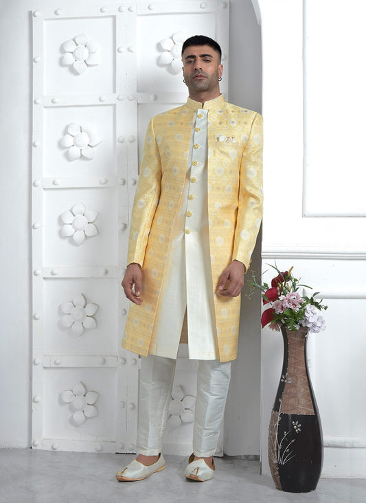 Fancy Work Jacquard Silk Yellow Indo Western - M6608