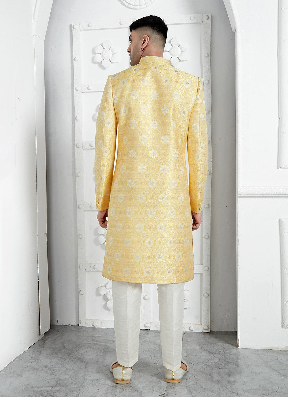Fancy Work Jacquard Silk Yellow Indo Western - M6608