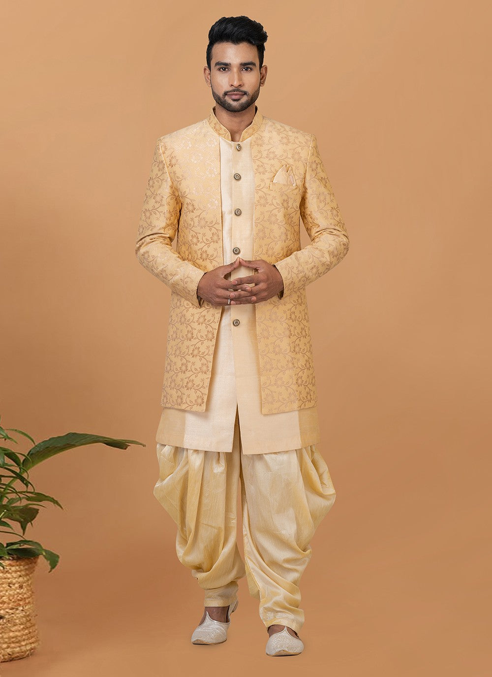 Fancy Work Dupion Silk, Jacquard Silk Beige, Cream Indo Western Sherwani - M5985