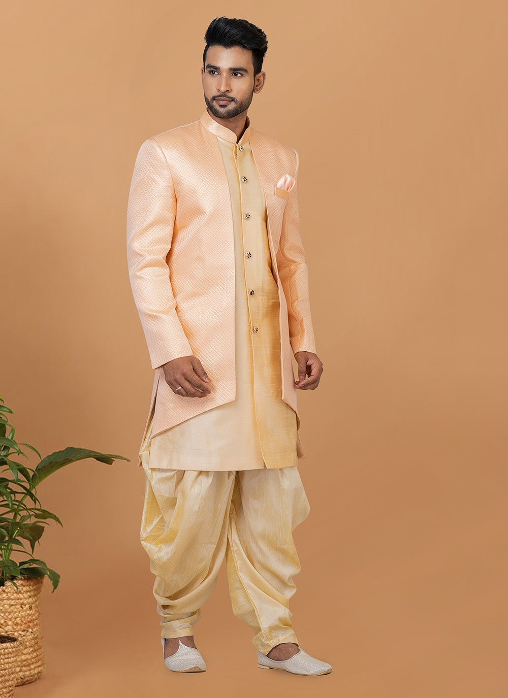 Fancy Work Dupion Silk, Jacquard Silk Cream, Peach Indo Western Sherwani - M5981