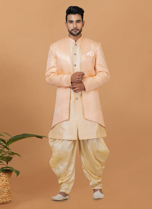 Fancy Work Dupion Silk, Jacquard Silk Cream, Peach Indo Western Sherwani - M5981