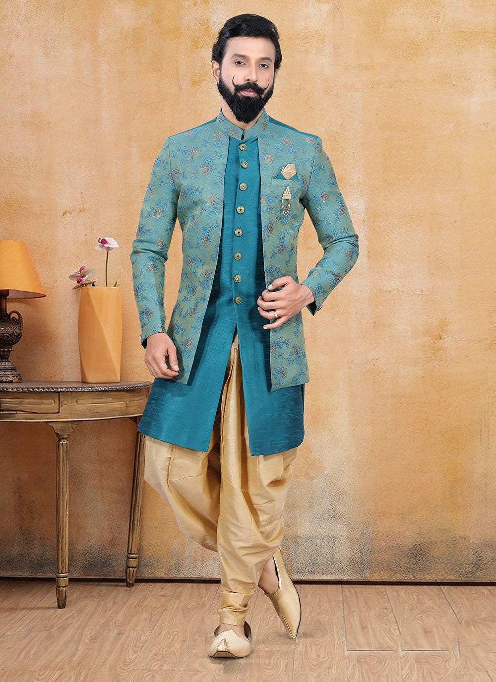Fancy Work Jacquard Silk Firozi Jacket Style - M3366