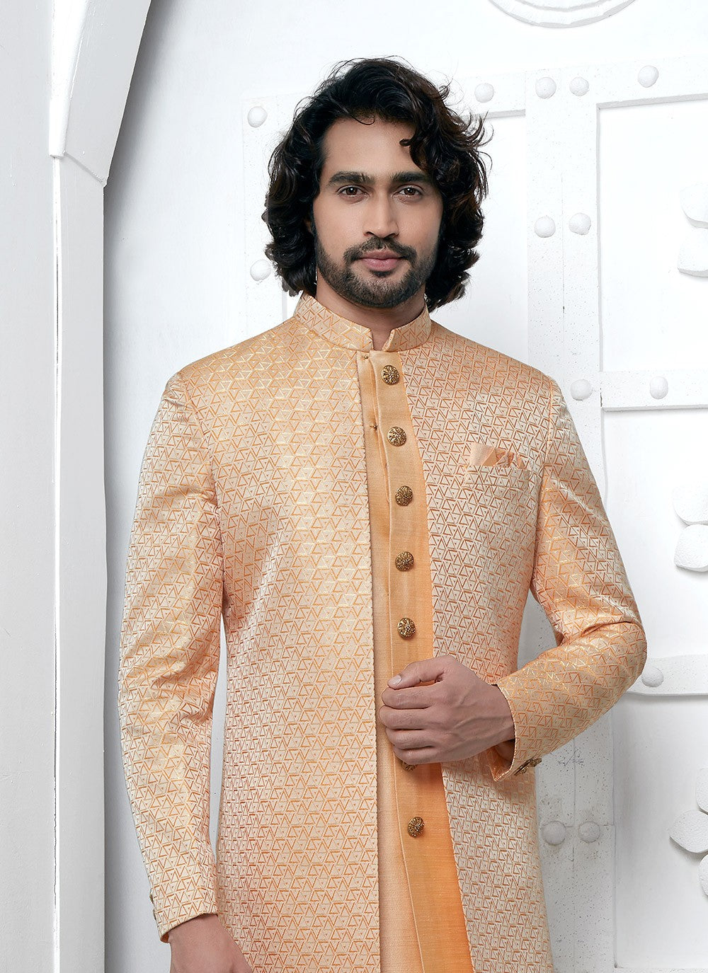 Fancy Work Jacquard Silk Peach Indo Western - M6617