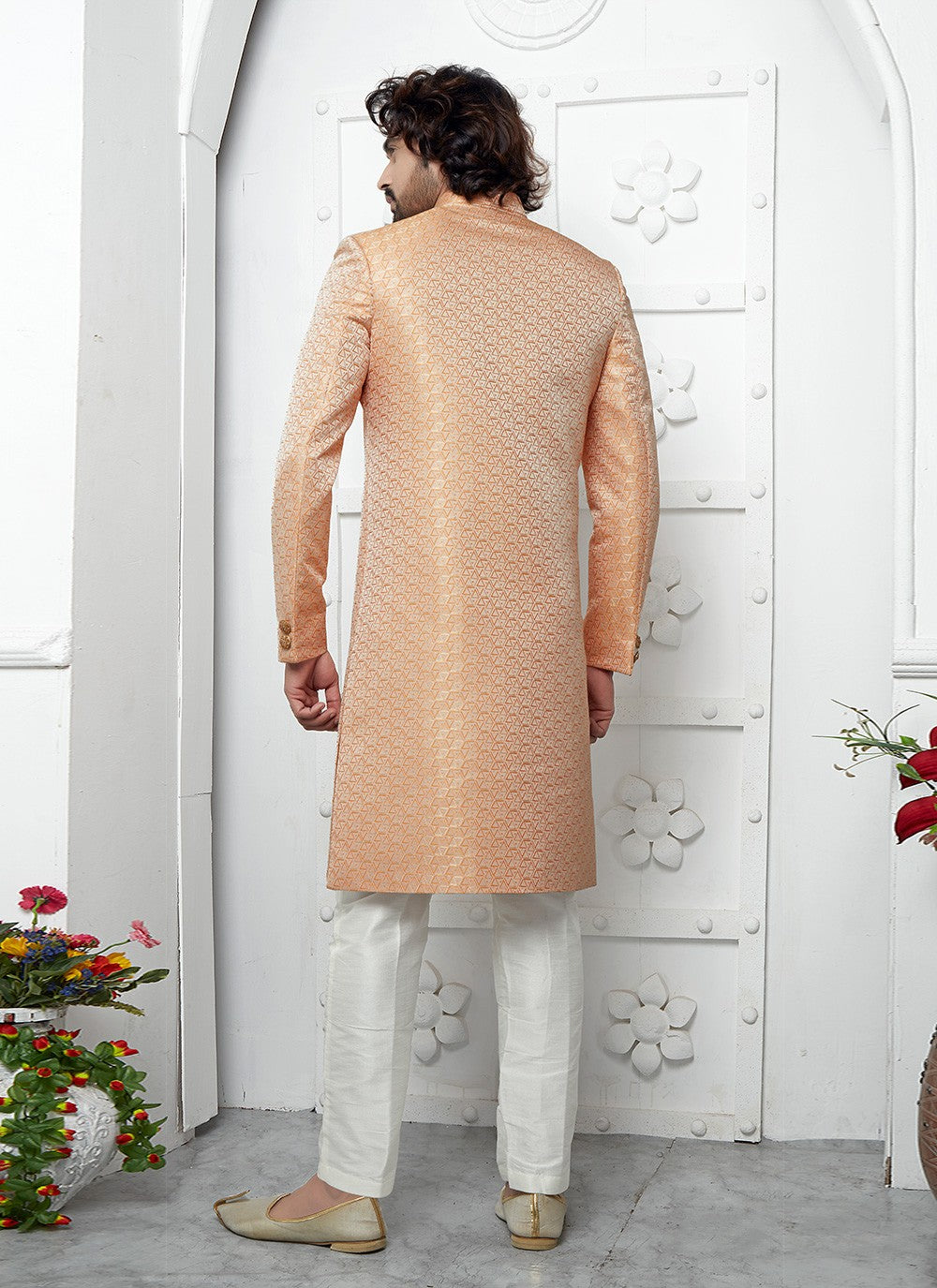 Fancy Work Jacquard Silk Peach Indo Western - M6617