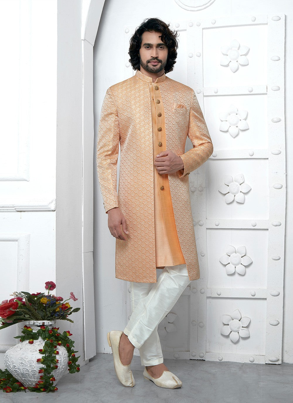 Fancy Work Jacquard Silk Peach Indo Western - M6617