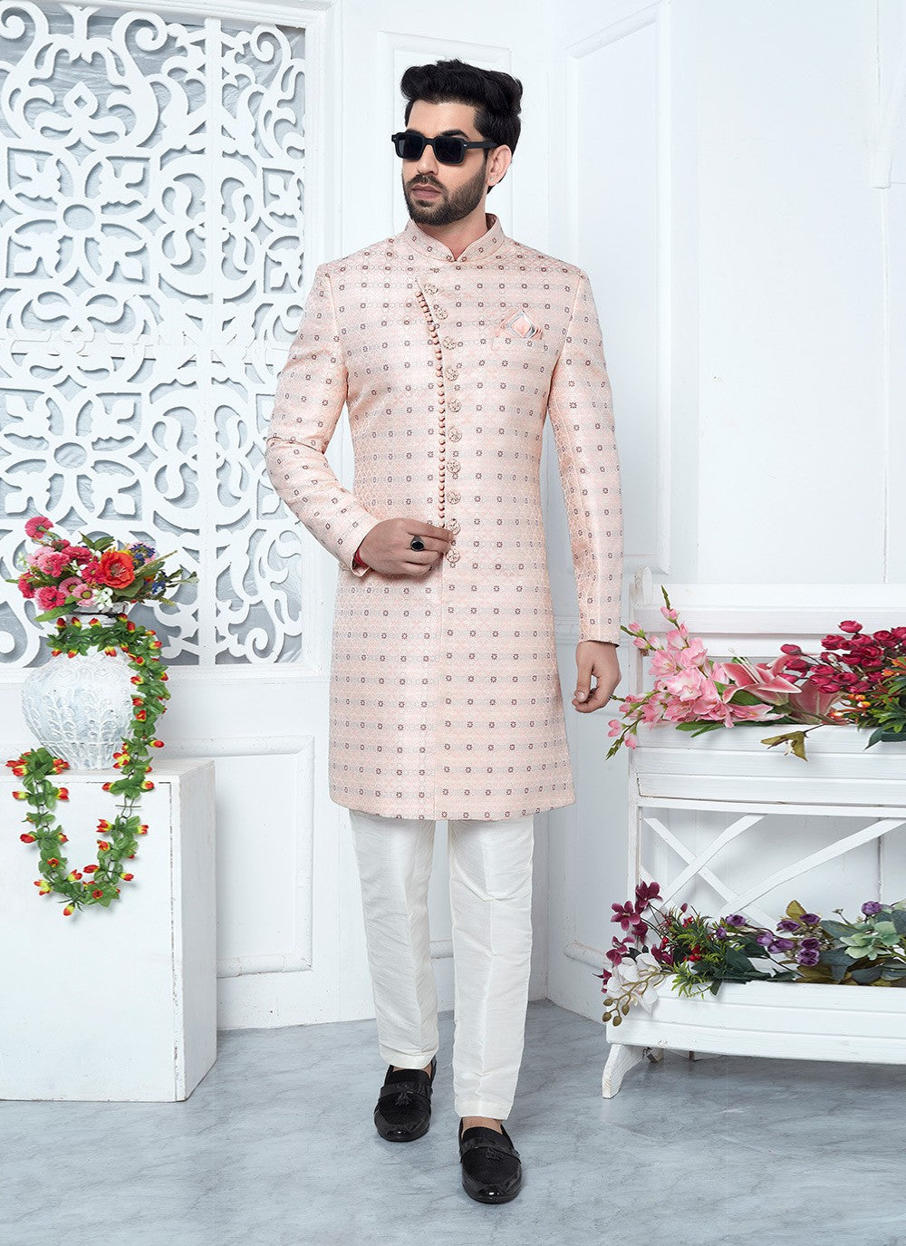 Fancy Work Jacquard Silk Pink Indo Western - M6627
