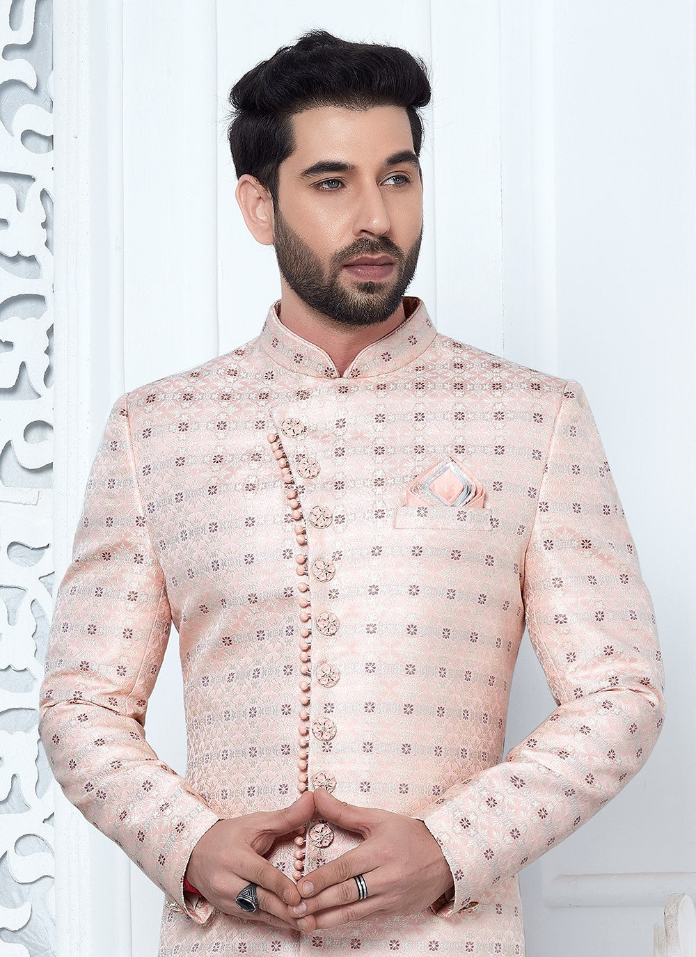 Fancy Work Jacquard Silk Pink Indo Western - M6627