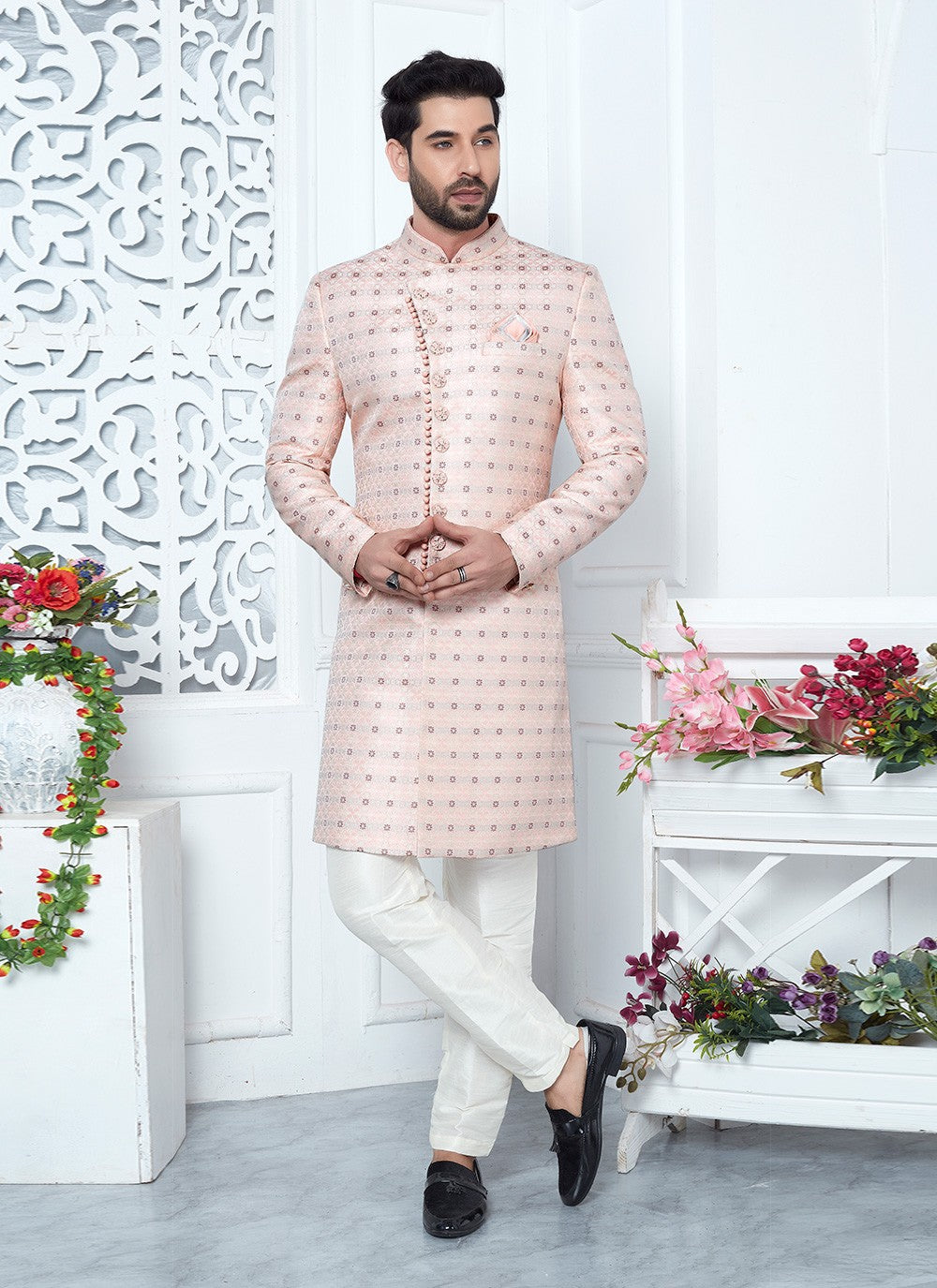 Fancy Work Jacquard Silk Pink Indo Western - M6627