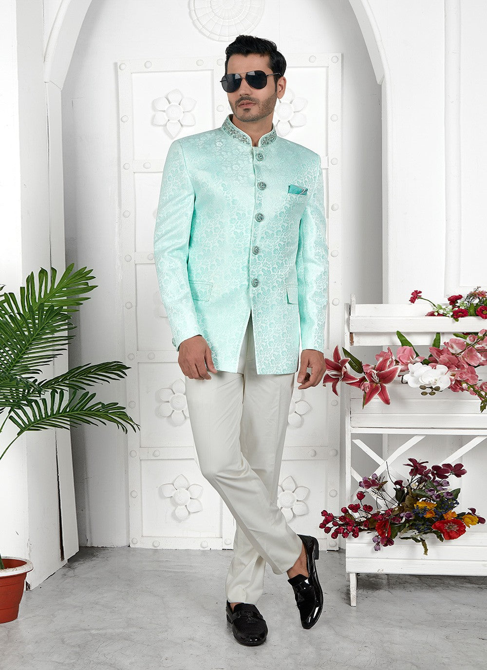 Buttons Jacquard Silk Firozi Jacket Style - M6641