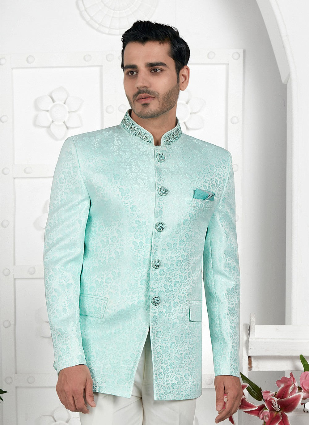 Buttons Jacquard Silk Firozi Jacket Style - M6641