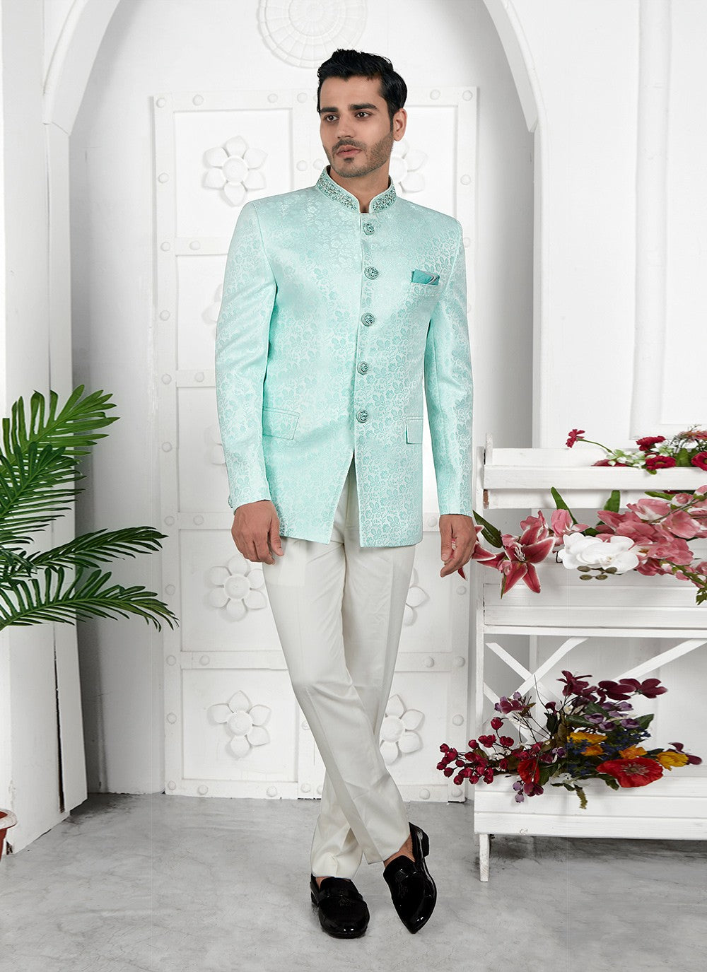 Buttons Jacquard Silk Firozi Jacket Style - M6641