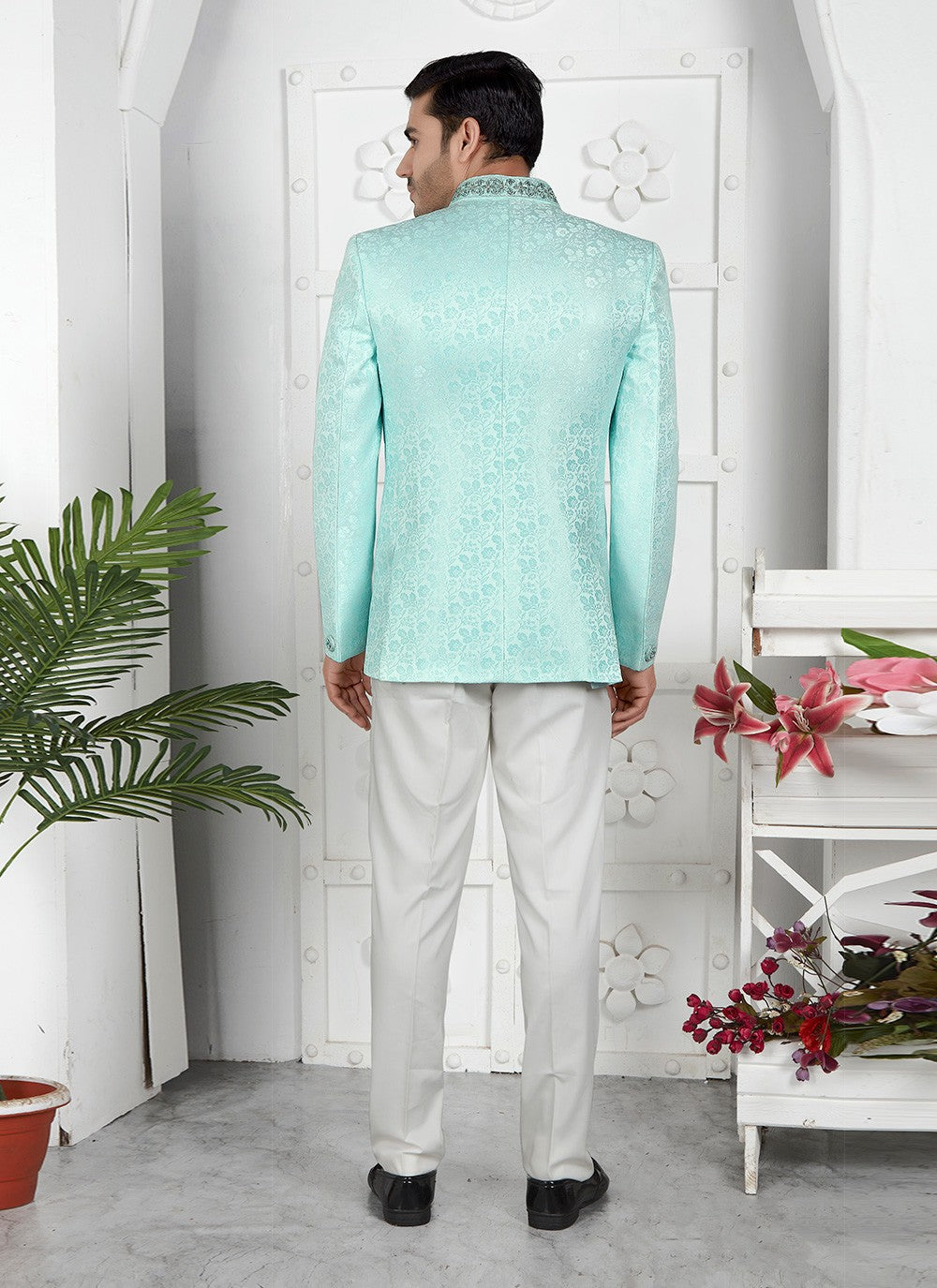 Buttons Jacquard Silk Firozi Jacket Style - M6641