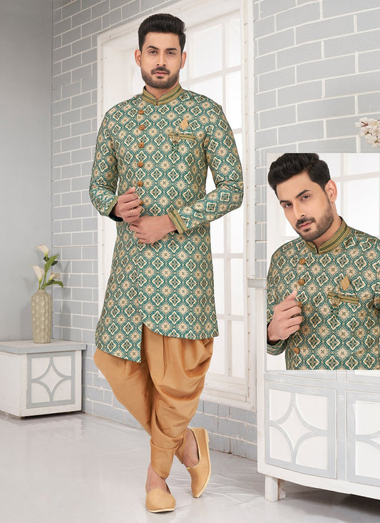 Fancy Work Brocade, Jacquard Silk Green Indo Western - M6461