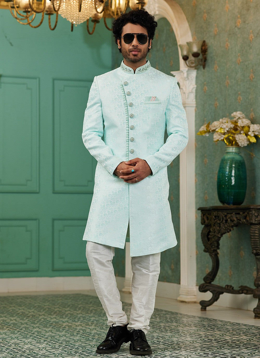 Hand Embroidery Imported, Jacquard Silk Firozi Indo Western - M6439