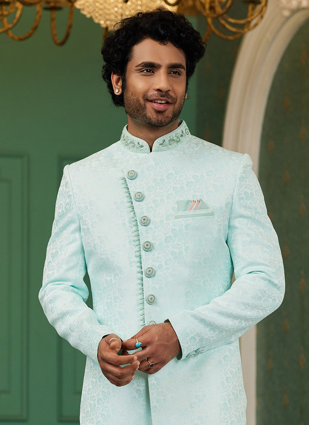 Hand Embroidery Imported, Jacquard Silk Firozi Indo Western - M6439