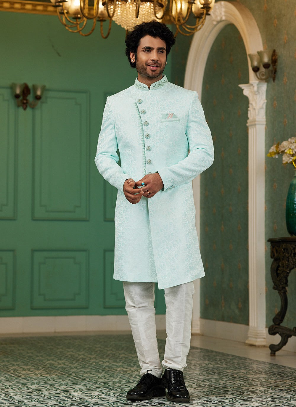 Hand Embroidery Imported, Jacquard Silk Firozi Indo Western - M6439