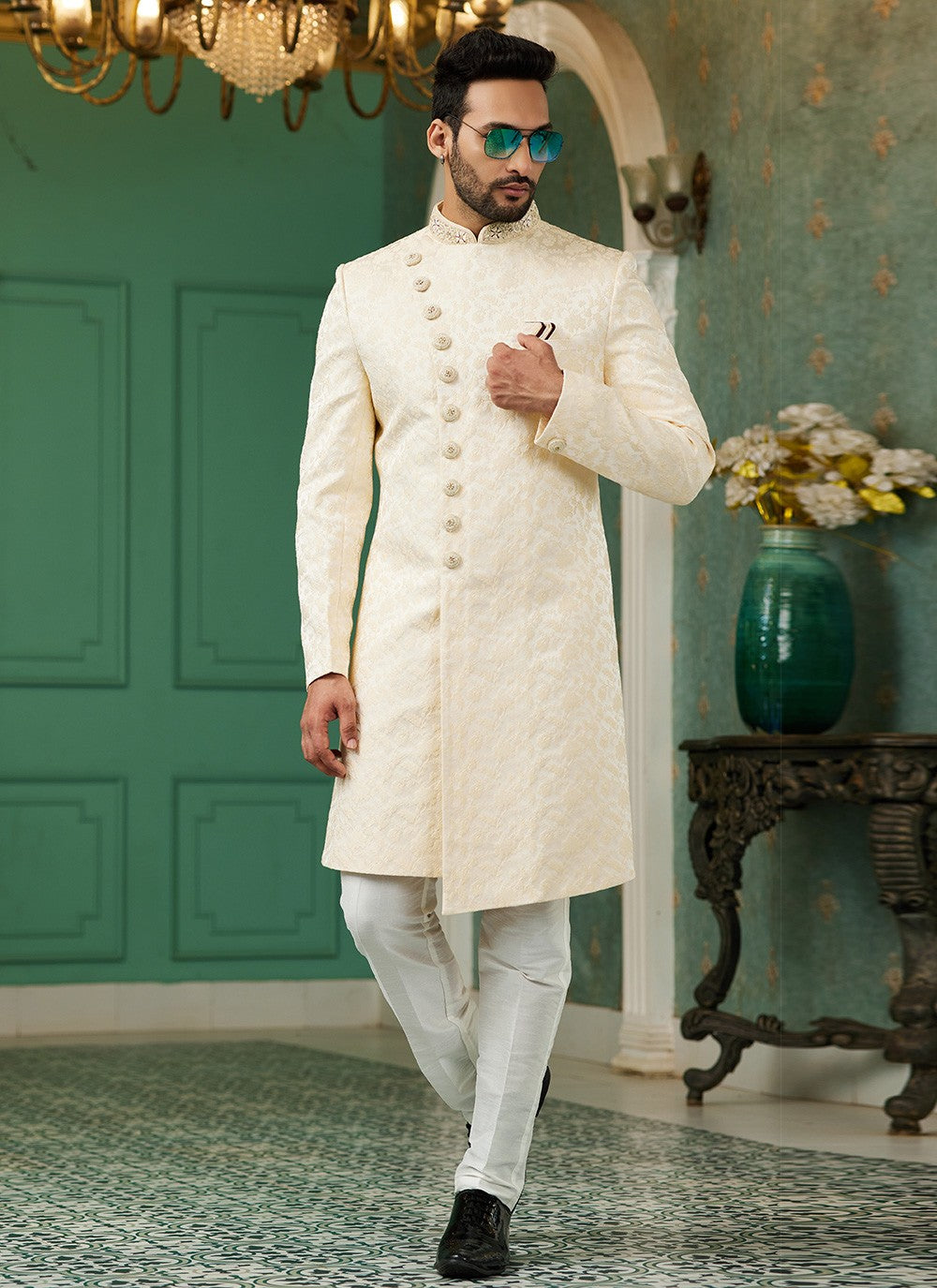 Hand Embroidery Imported, Jacquard Silk Gold Indo Western - M6441