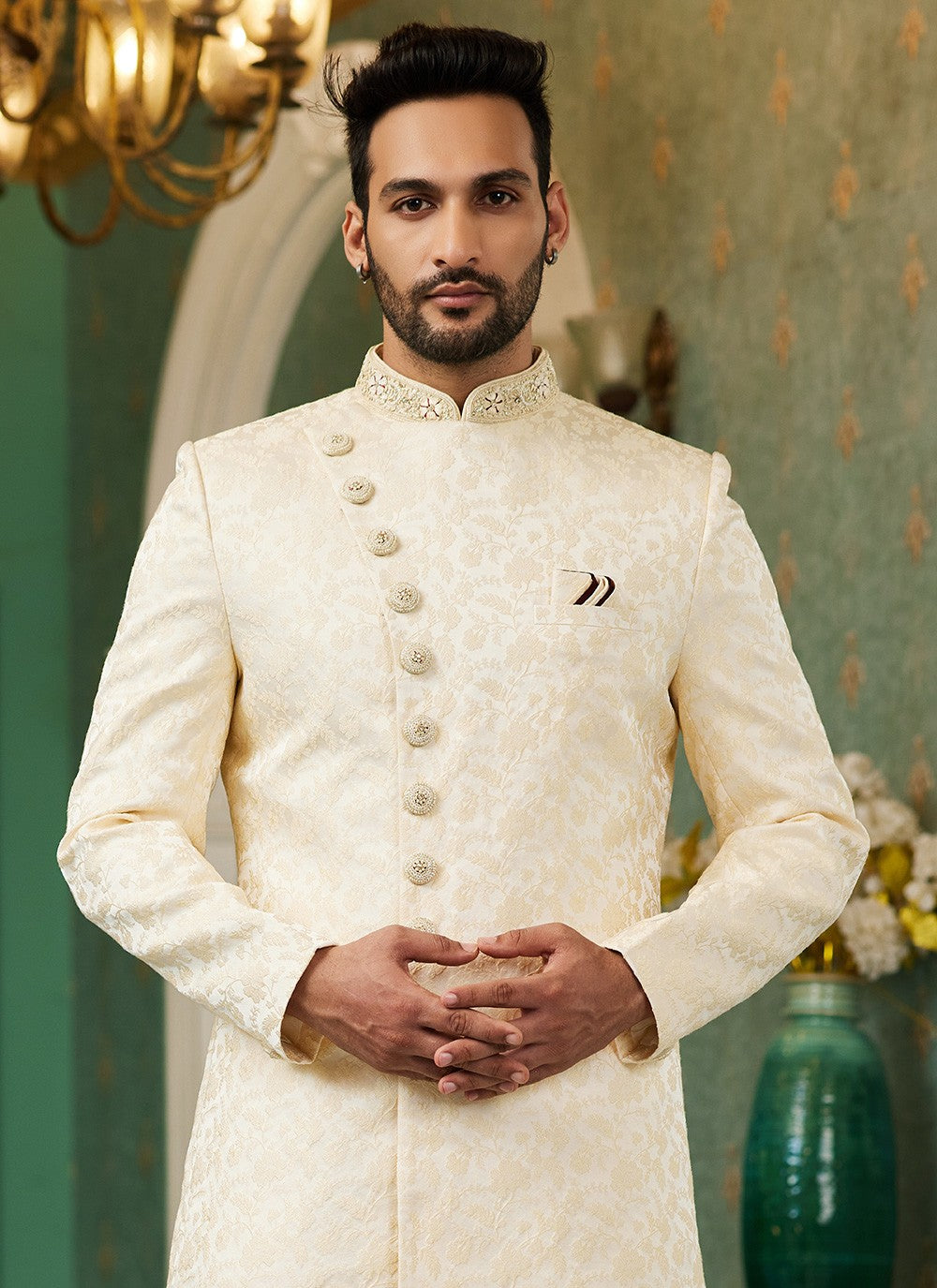 Hand Embroidery Imported, Jacquard Silk Gold Indo Western - M6441