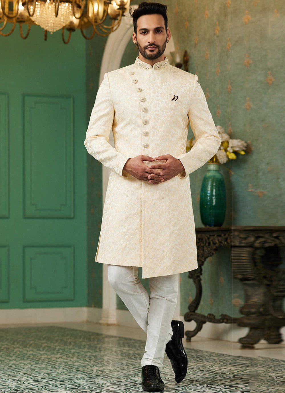 Hand Embroidery Imported, Jacquard Silk Gold Indo Western - M6441
