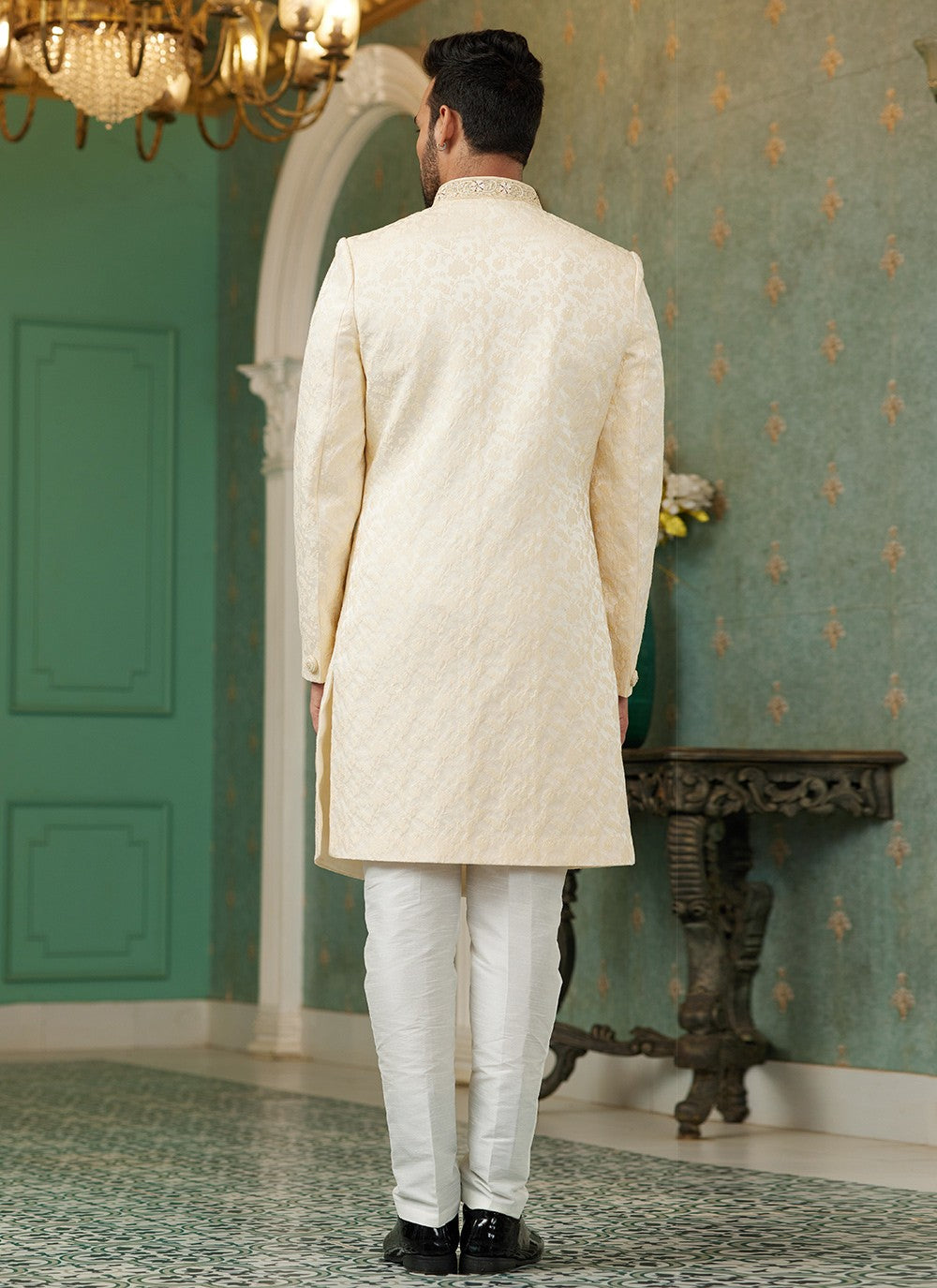 Hand Embroidery Imported, Jacquard Silk Gold Indo Western - M6441