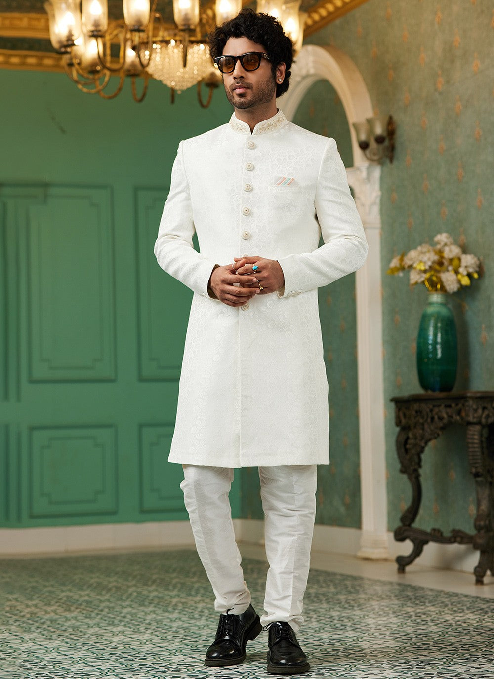 Hand Embroidery Imported, Jacquard Silk Off White Indo Western - M6437