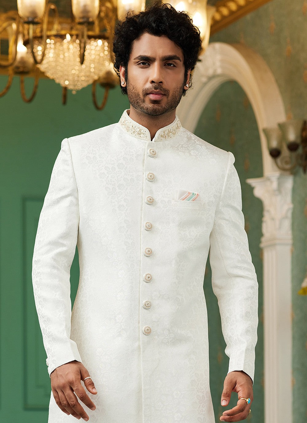 Hand Embroidery Imported, Jacquard Silk Off White Indo Western - M6437