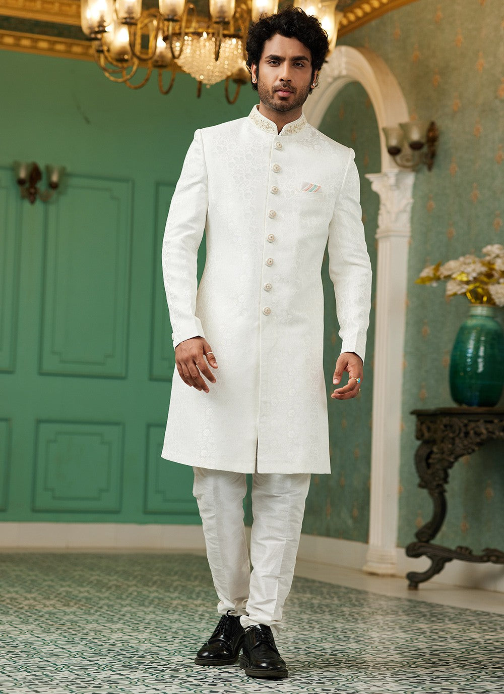 Hand Embroidery Imported, Jacquard Silk Off White Indo Western - M6437