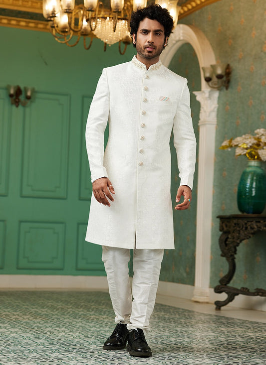 Hand Embroidery Imported, Jacquard Silk Off White Indo Western - M6437