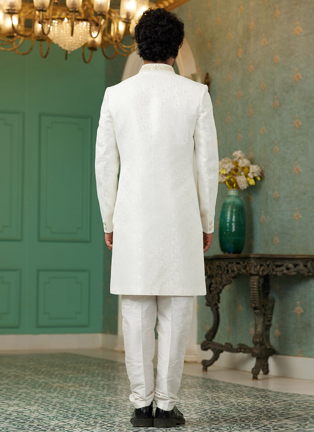 Hand Embroidery Imported, Jacquard Silk Off White Indo Western - M6437