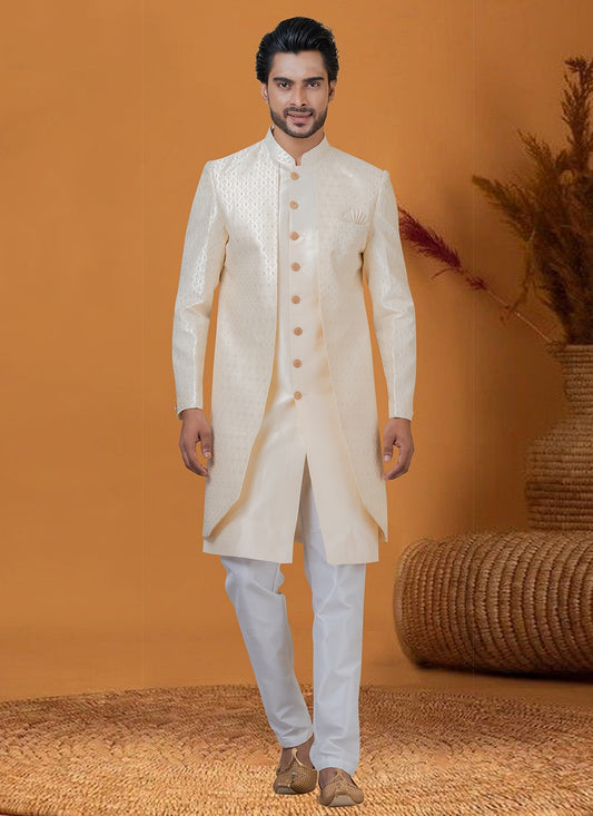 Jacquard Work Jacquard Silk Cream Indo Western - M8368