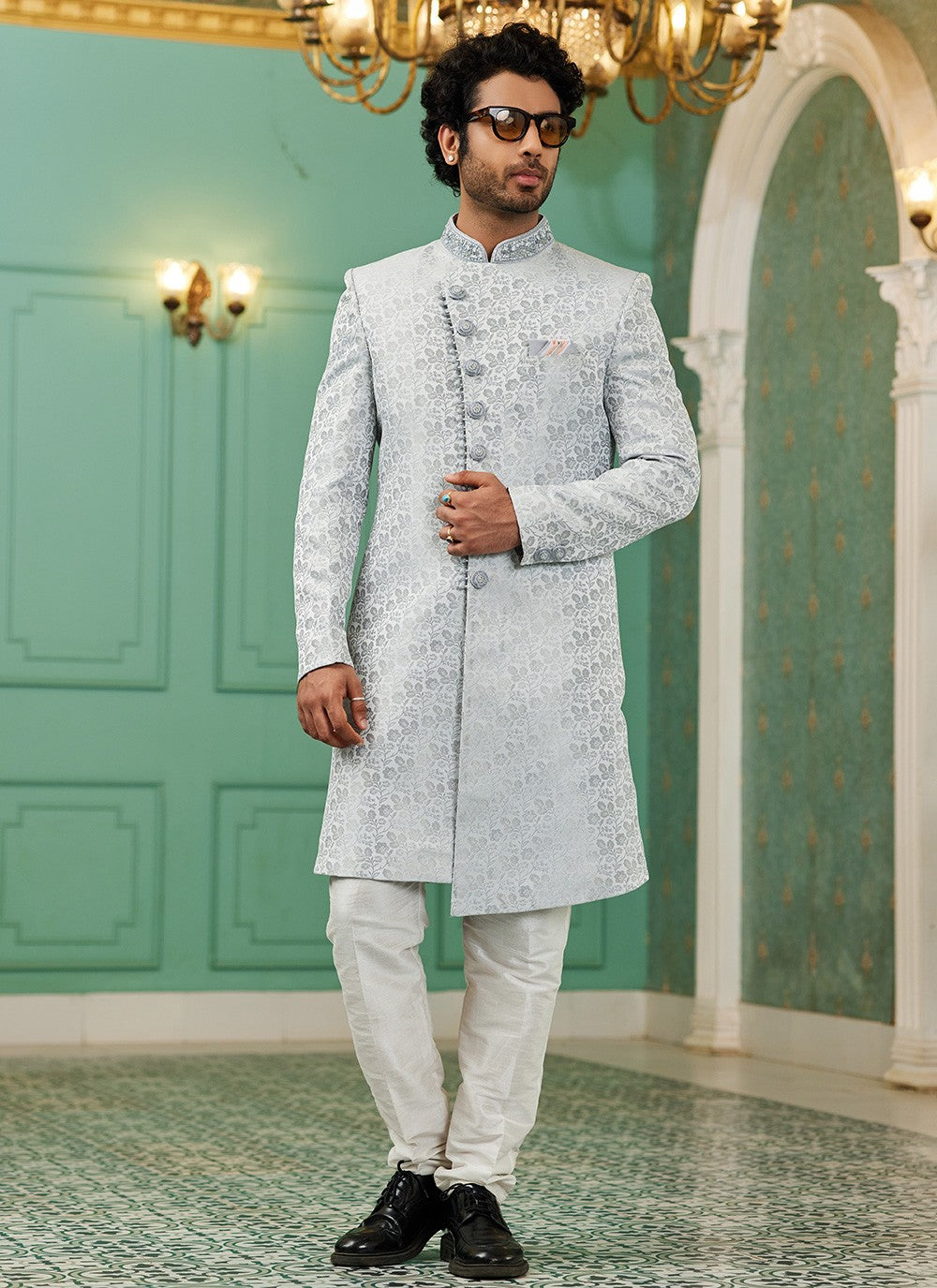 Hand Embroidery Imported, Jacquard Silk Grey Indo Western - M6440