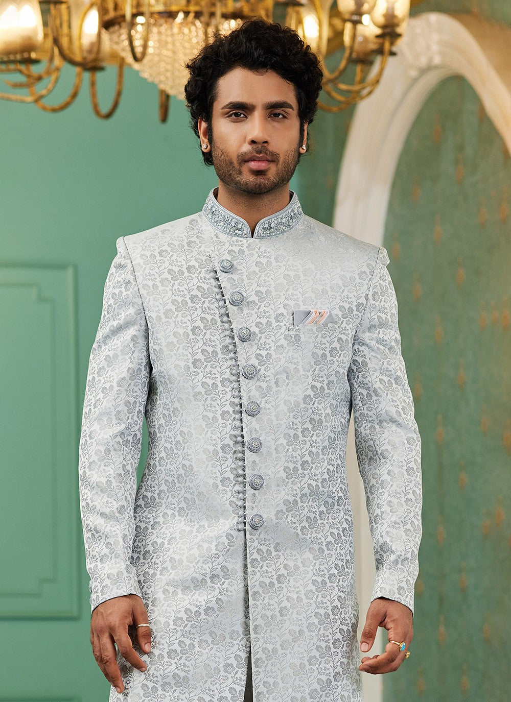 Hand Embroidery Imported, Jacquard Silk Grey Indo Western - M6440
