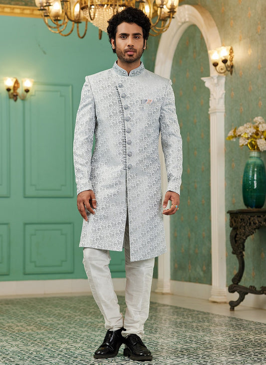 Hand Embroidery Imported, Jacquard Silk Grey Indo Western - M6440