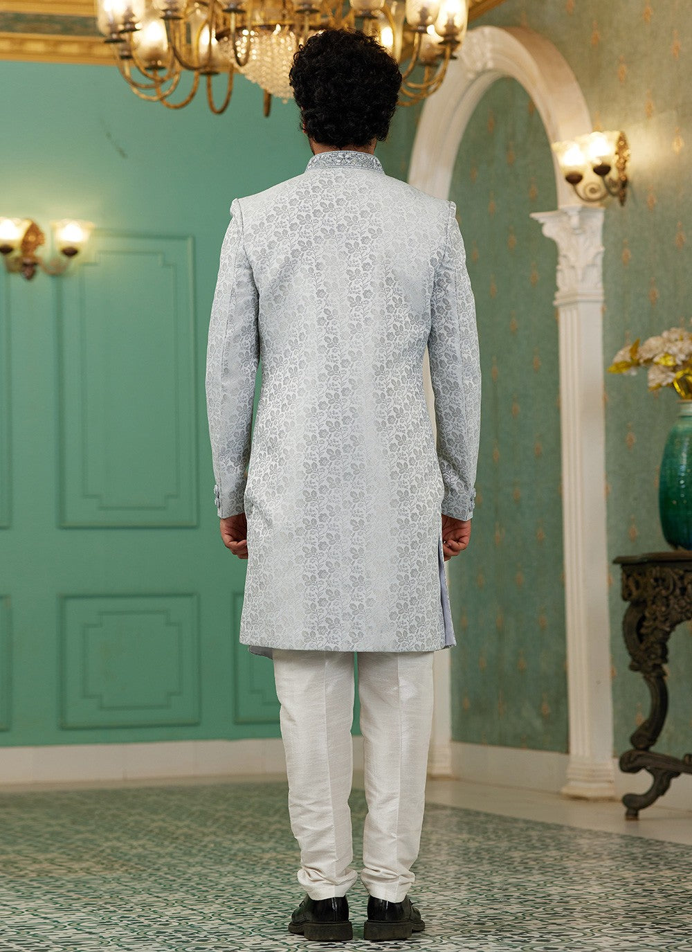 Hand Embroidery Imported, Jacquard Silk Grey Indo Western - M6440