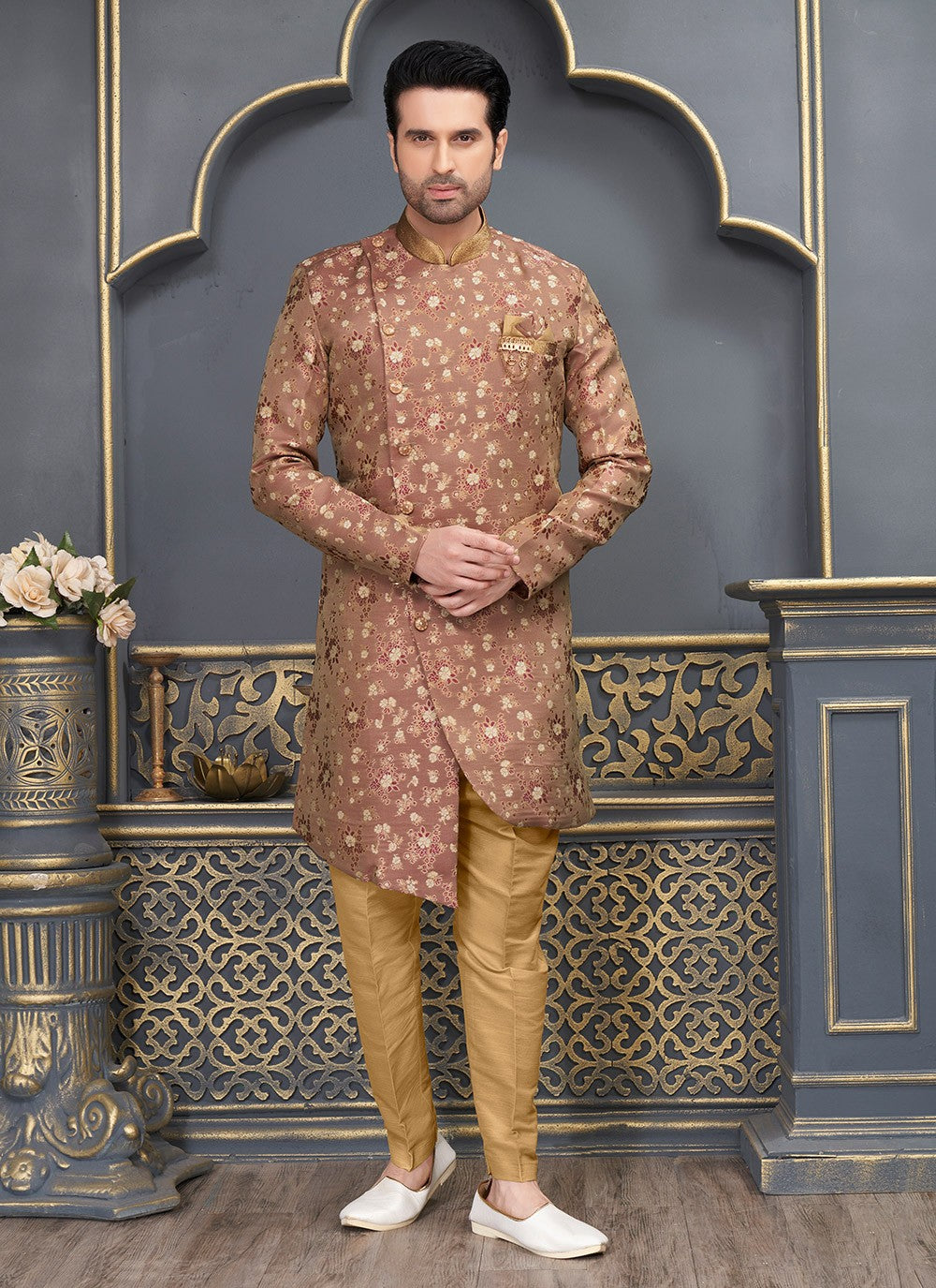 Fancy Work Brocade, Jacquard Silk Maroon Indo Western - M6465
