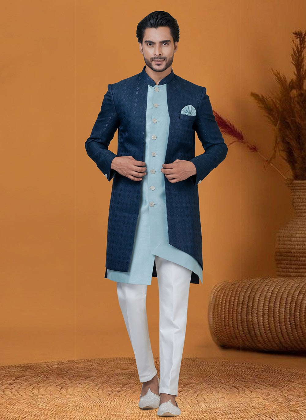 Jacquard Work Jacquard Silk Navy Blue Indo Western - M8407