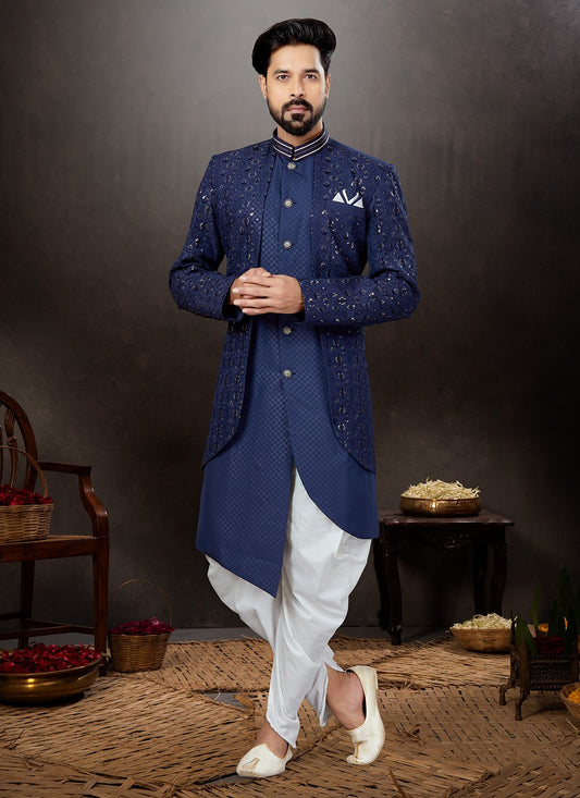 Embroidered Jacquard Silk Blue Indo Western Sherwani - M4810