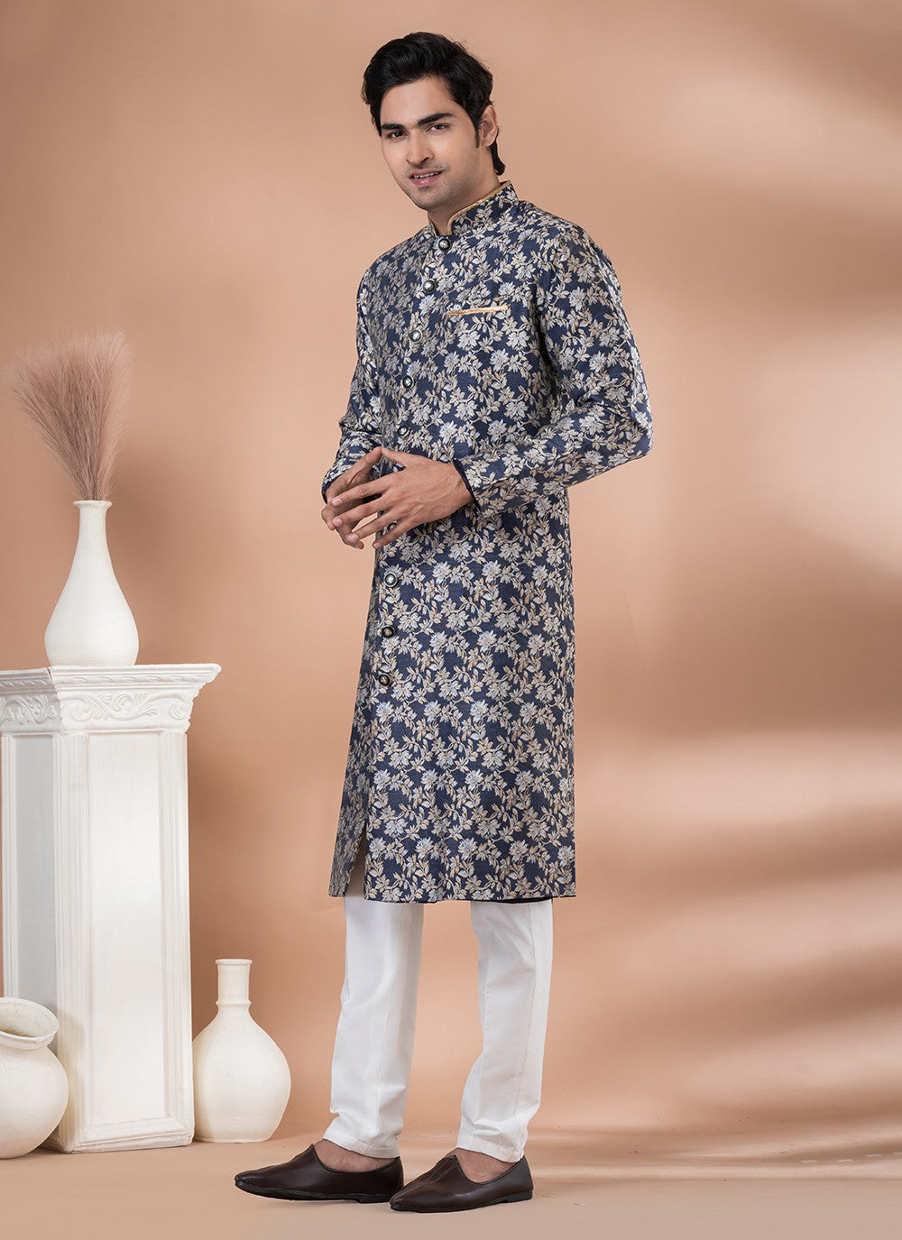 Embroidered Jacquard Silk Blue Indo Western - M7054