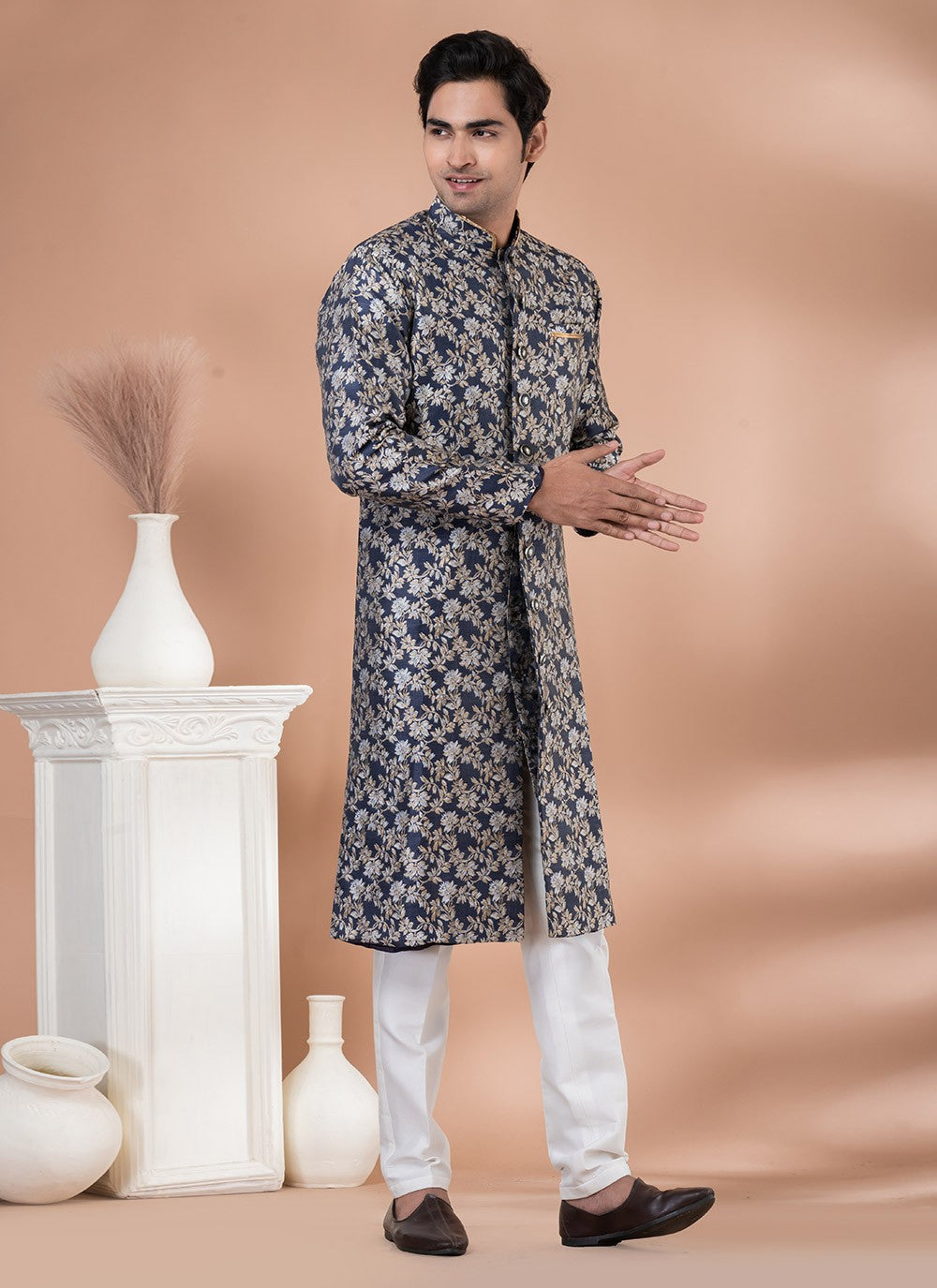 Embroidered Jacquard Silk Blue Indo Western - M7054