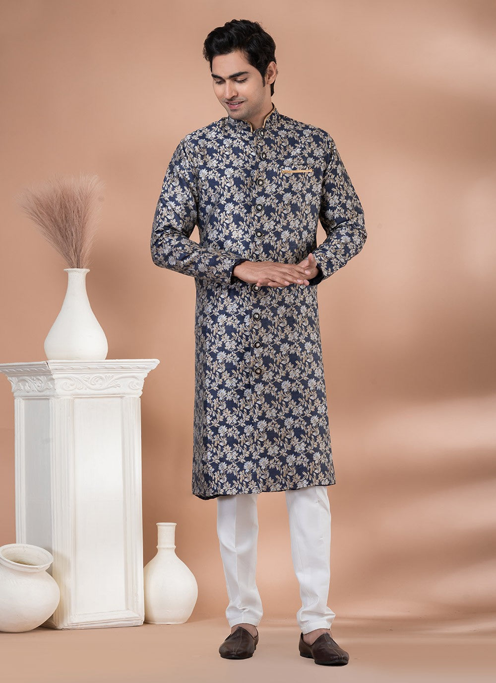 Embroidered Jacquard Silk Blue Indo Western - M7054