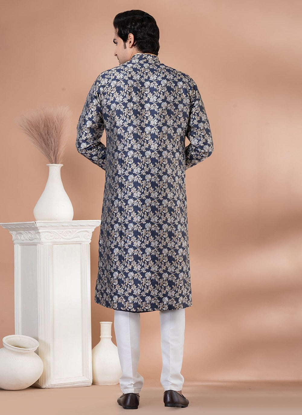 Embroidered Jacquard Silk Blue Indo Western - M7054
