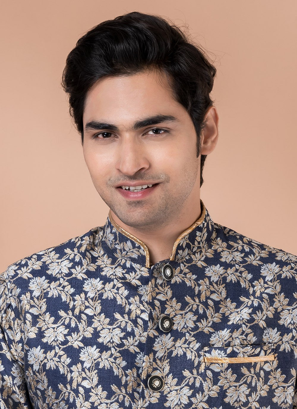 Embroidered Jacquard Silk Blue Indo Western - M7054