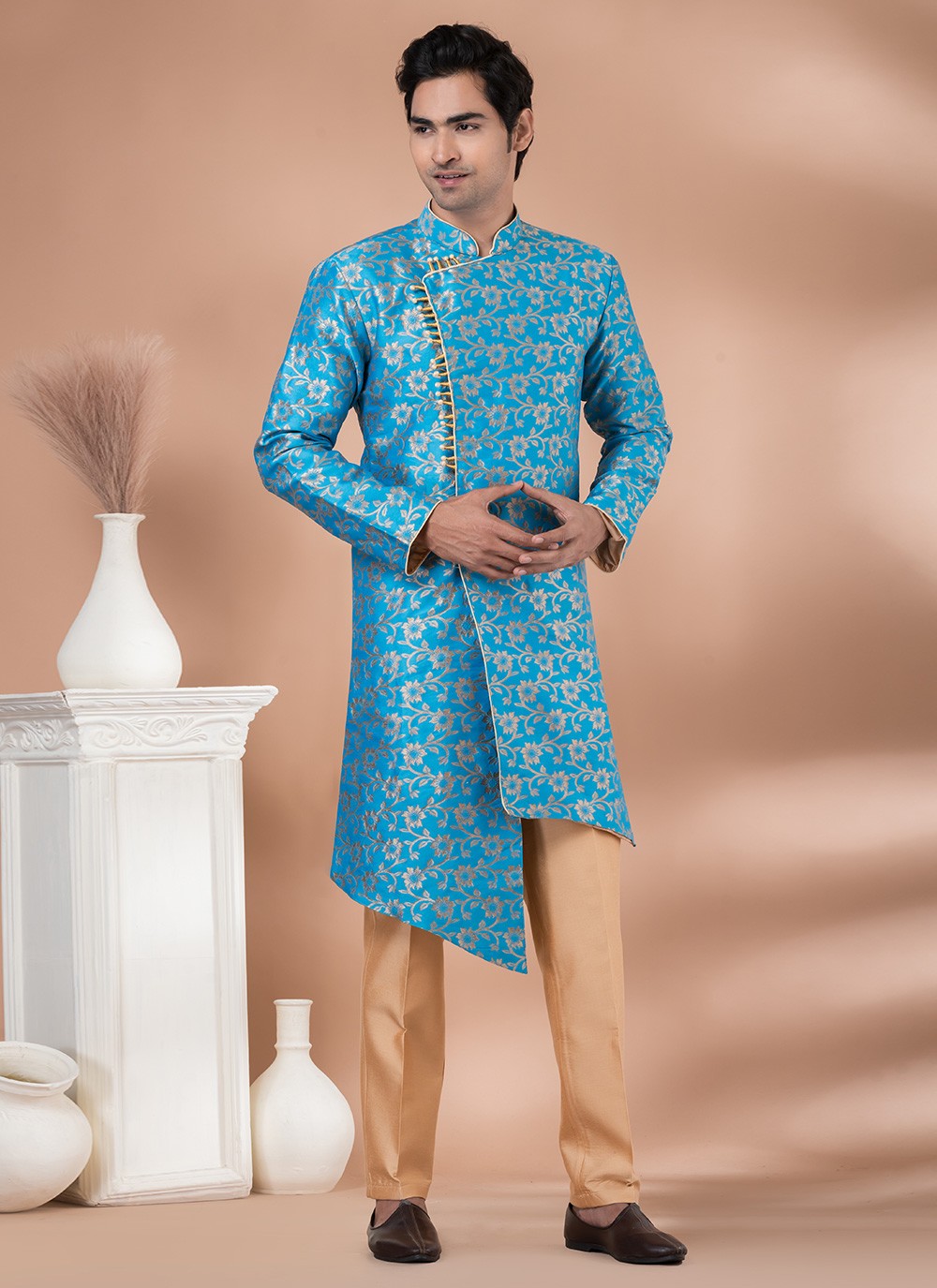 Embroidered Jacquard Silk Aqua Blue Indo Western - M7049