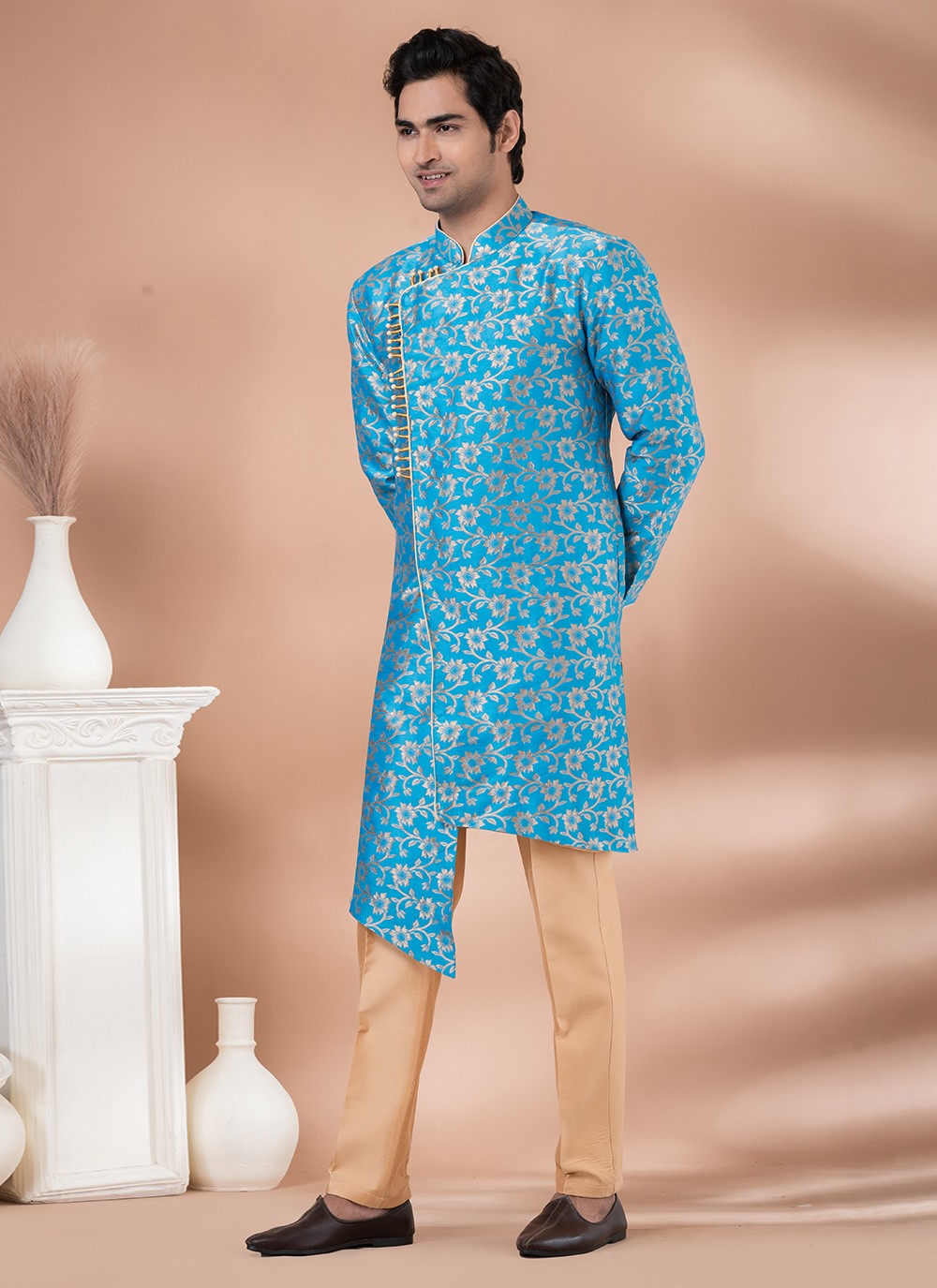Embroidered Jacquard Silk Aqua Blue Indo Western - M7049