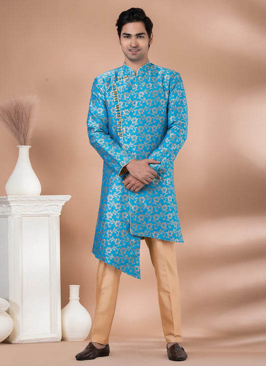 Embroidered Jacquard Silk Aqua Blue Indo Western - M7049