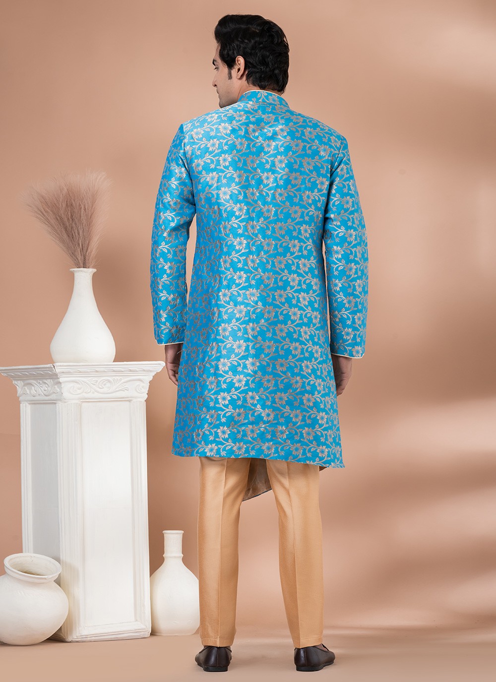 Embroidered Jacquard Silk Aqua Blue Indo Western - M7049