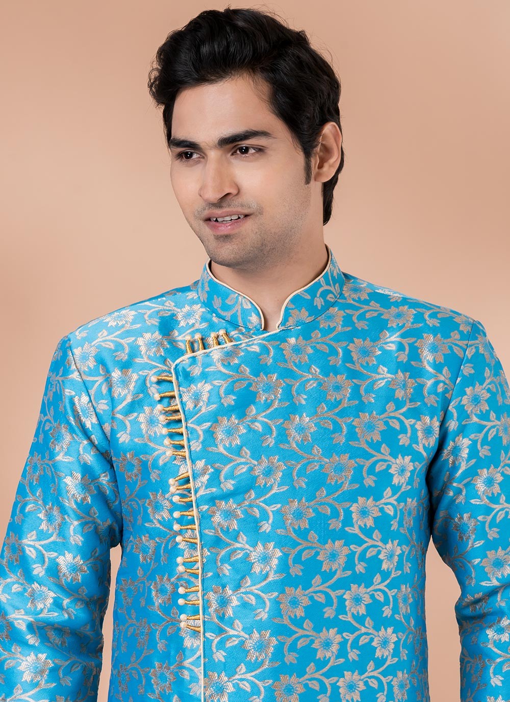 Embroidered Jacquard Silk Aqua Blue Indo Western - M7049